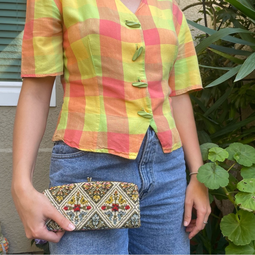 Vintage Baronet Embroidered Clutch with Pink and Blue Accents